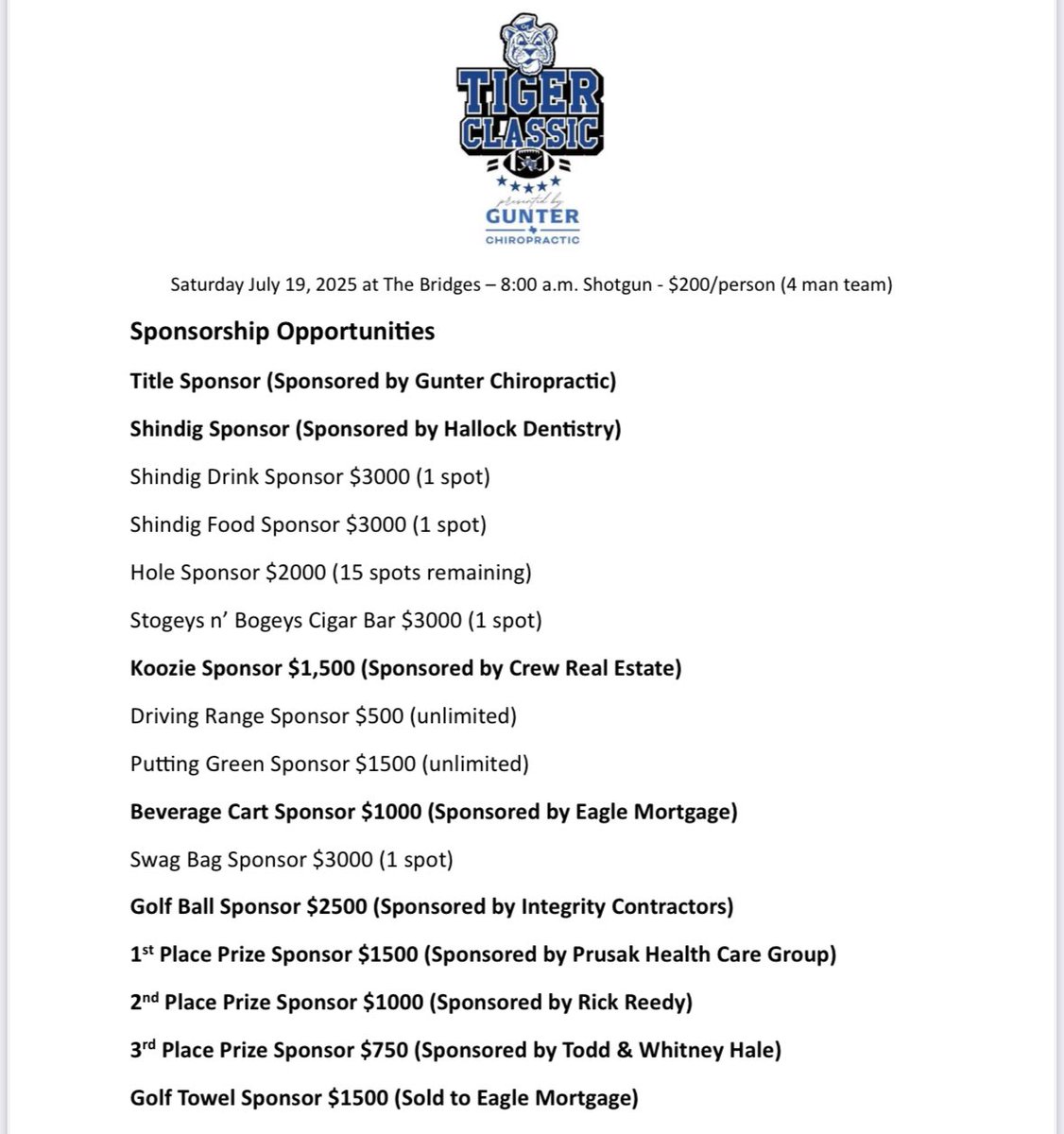 gunter_football's tweet photo. The Tiger Classic is looking for sponsors for this year’s golf tournament! Spots are limited! Sponsors will have first pick at team entry spots. Sign ups for teams will open to everyone Friday, April 18th.

Contact: sponsorships@guntertigerfootball.com for more information! https://t.co/9L4sP3G98N