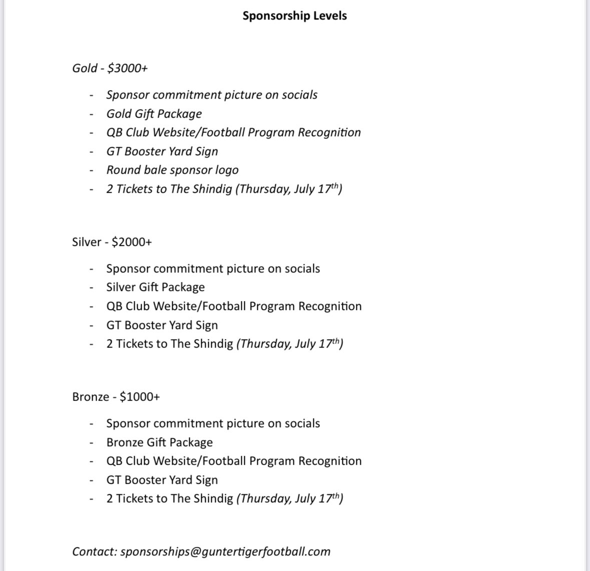 The Tiger Classic is looking for sponsors for this year’s golf tournament! Spots are limited! Sponsors will have first pick at team entry spots. Sign ups for teams will open to everyone Friday, April 18th.

Contact: sponsorships@guntertigerfootball.com for more information!