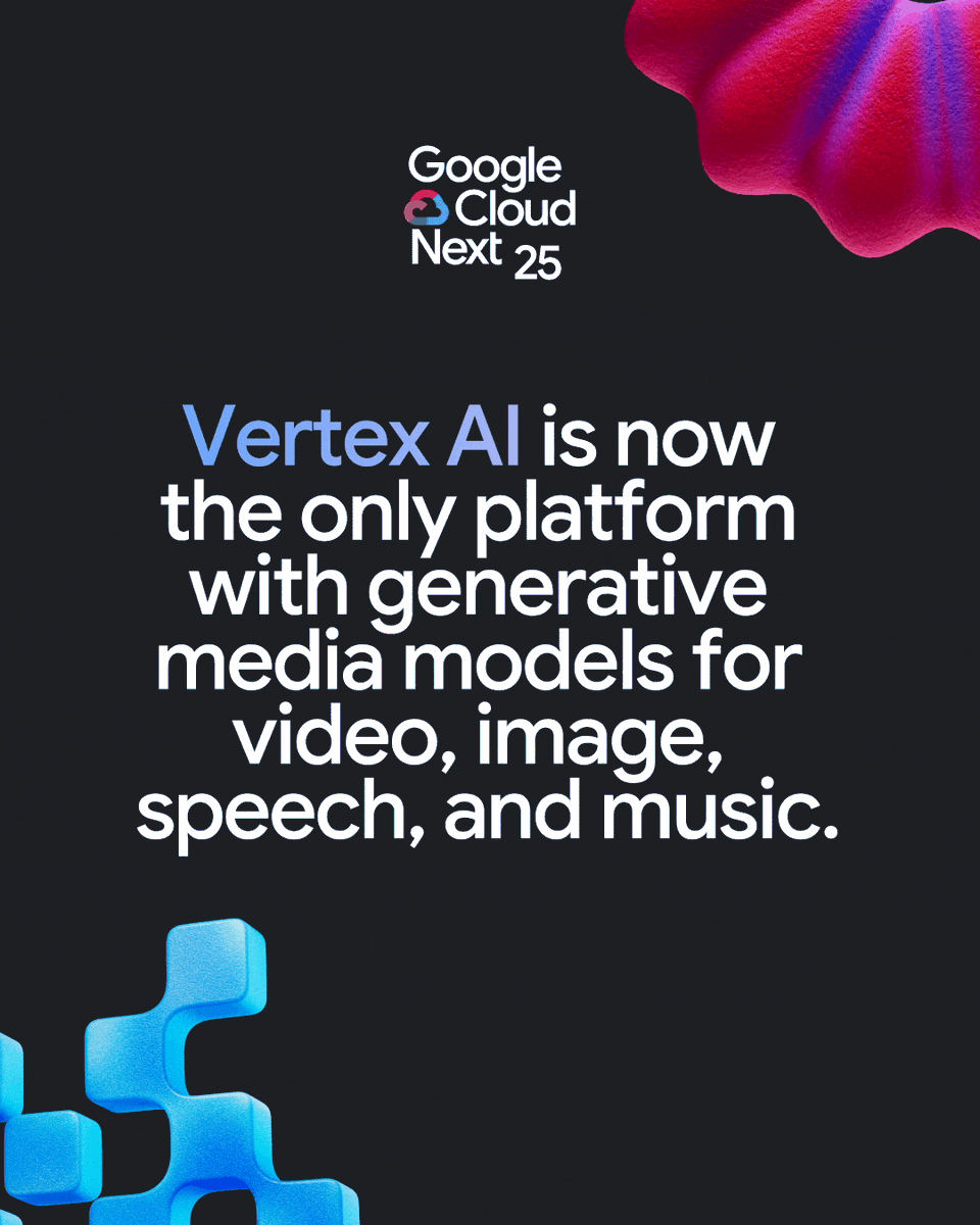 Google Cloud Tech (@googlecloudtech) on Twitter photo Vertex AI is now the only platform with generative media models for video, image, speech + music:
- Lyria
- Veo 2
- Chirp 3
- Imagen 3
Build a production-ready asset starting from a text prompt to an image to a complete video asset with music & speech → goo.gle/4lp7uug Vertex AI is now the only platform with generative media models for video, image, speech + music:
- Lyria
- Veo 2
- Chirp 3
- Imagen 3
Build a production-ready asset starting from a text prompt to an image to a complete video asset with music & speech → goo.gle/4lp7uug