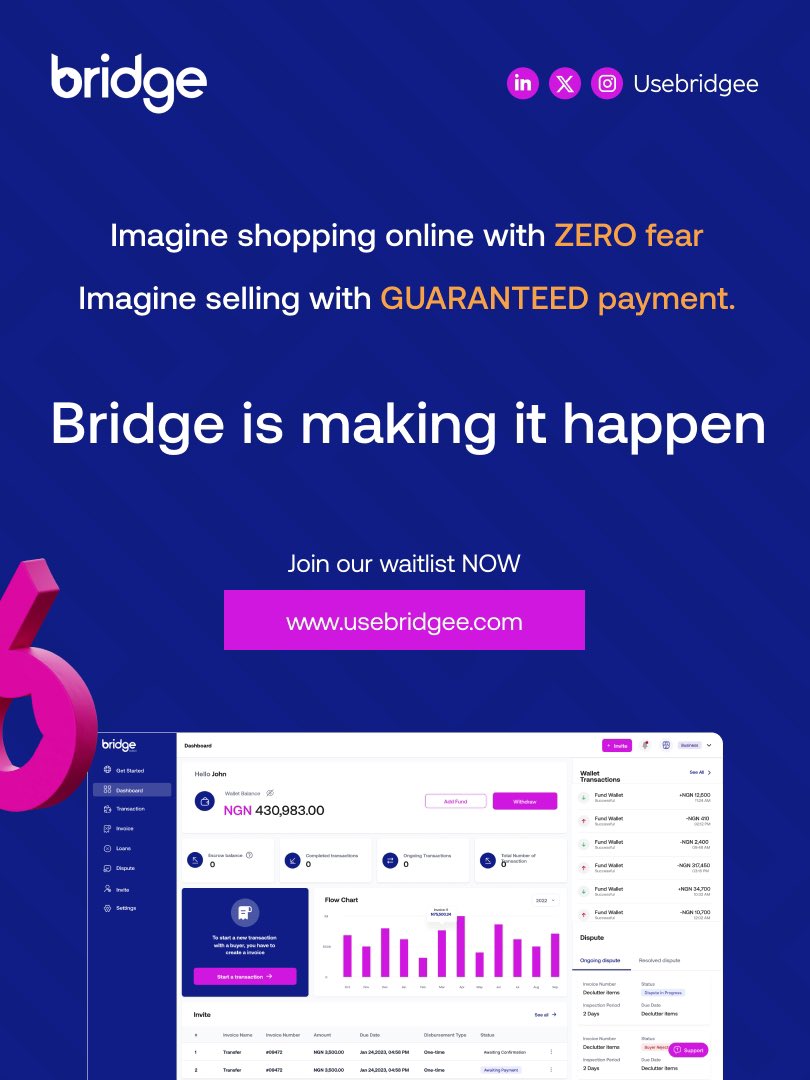 usebridgee's tweet image. It’s time to experience shopping with no fear, no doubt, and guaranteed payments. Join the waiting list and be part of Bridge today! #Easytransaction #GuaranteedPayments #Bridgee #Escrow #Onlineshopping