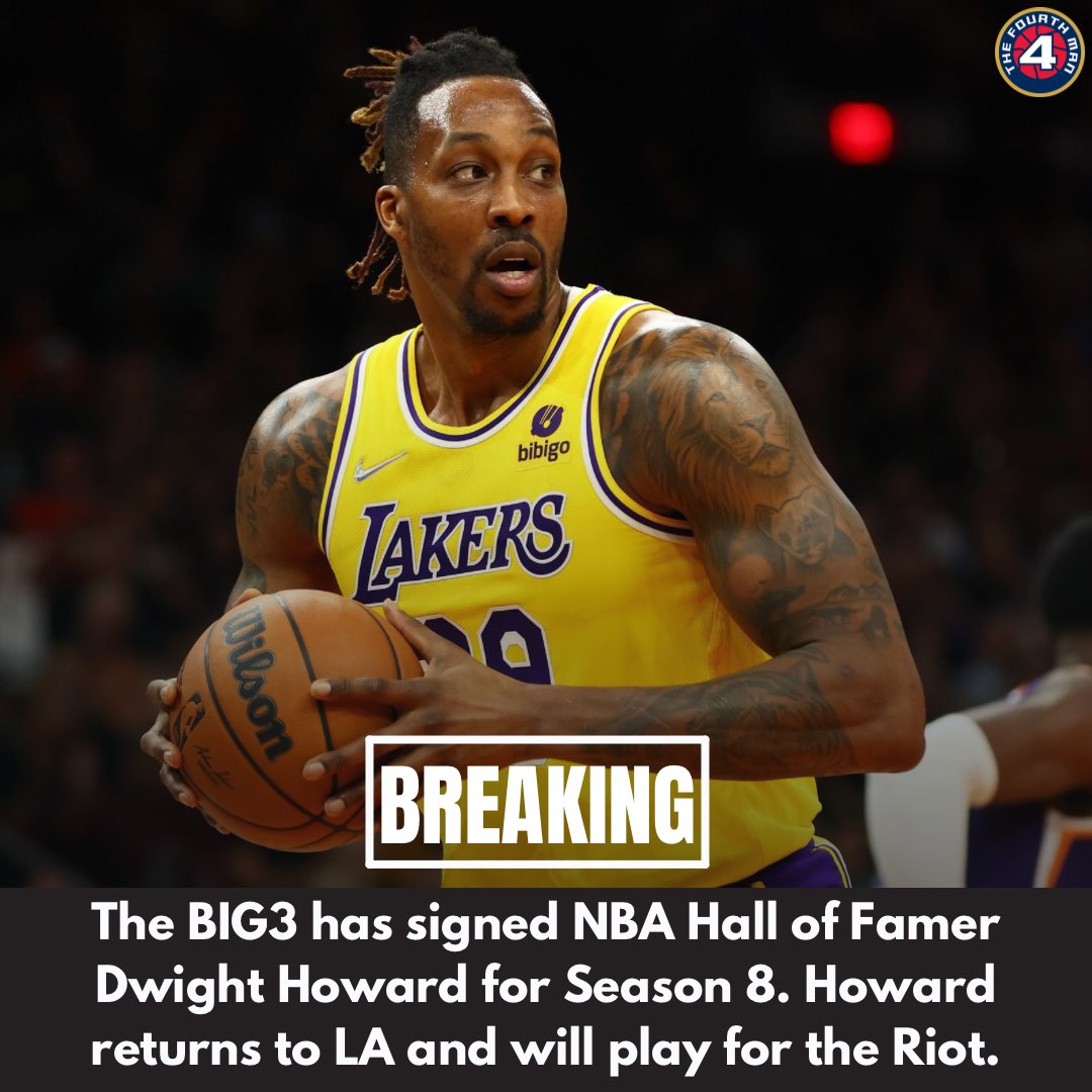 4thManPod's tweet photo. BREAKING 🚨 

8x All-Star and NBA HOF Dwight Howard has signed with @thebig3 for Season 8 🤯 

Howard will play his final season as a professional in the league and play for the LA Riot alongside long time Enemies captains Jordan Crawford and Elijah Stewart. The team will be coached by Nick Young. 

After 18 seasons in the NBA, which saw him win multiple DPOY award, make many All-Star teams, and win a NBA championship in 2020, Howard has spent the last few years playing overseas while starting his own podcast and league in Taiwan, The Asian Tournament.

Welcome to the league, Dwight 👏 

Are the LA Riot the early favorites for a chip in 2025?

via @chrisbhaynesnba