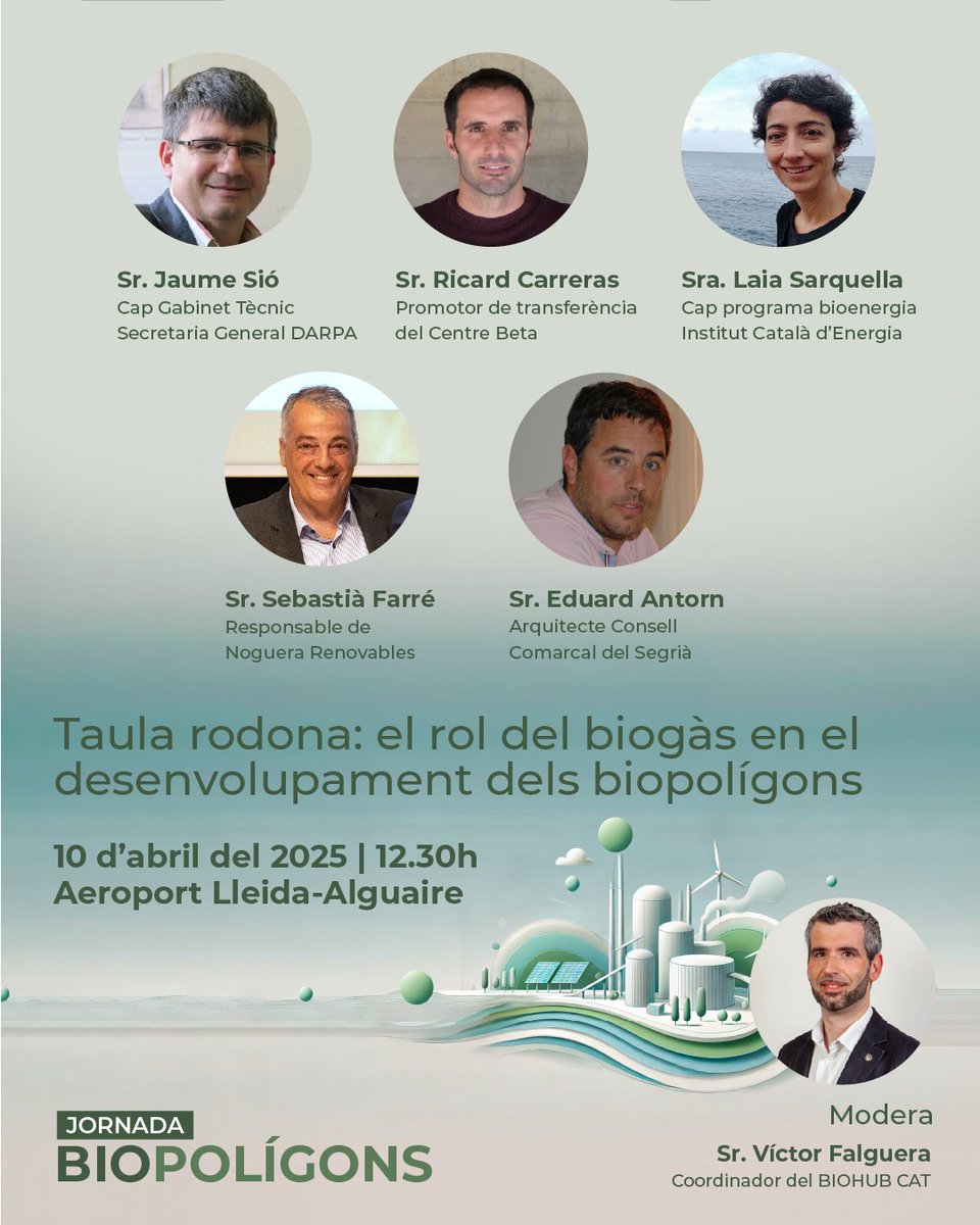 🗣️Taula:
🌿<a href="/SioJaume/">Jaume Sio</a>, Cap Gabinet Tècnic <a href="/agriculturacat/">Agricultura</a>
🔄Ricard Carreras, Promotor transferència @BETA_TechCenter
🌿<a href="/LSarque/">Laia Sarquella</a>, Cap de programa bioenergia <a href="/energiacat/">Energia</a>
🌞Sebastià Farré, Responsable Noguera Renovables
🏗️Eduard Antorn, Arquitecte <a href="/CCSegria/">Consell Comarcal del Segrià</a>
🎤Modera <a href="/victorfalguera/">Víctor Falguera</a>