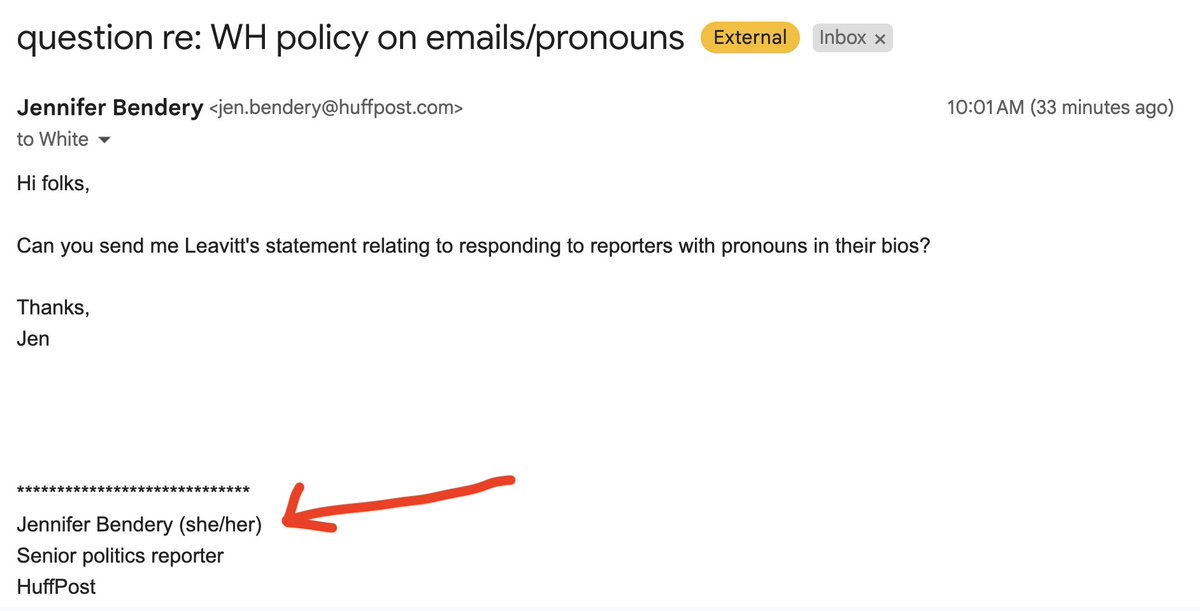jbendery's tweet photo. As an aside, I saw that the White House vowed "as a matter of policy" not to respond to reporters who use pronouns in their email signatures.

Is this dumb and an attempt to distract from Trump destroying the global economy? Yes.

Did I still run a test? Yes. 😂 https://t.co/DdWijWyKbh
