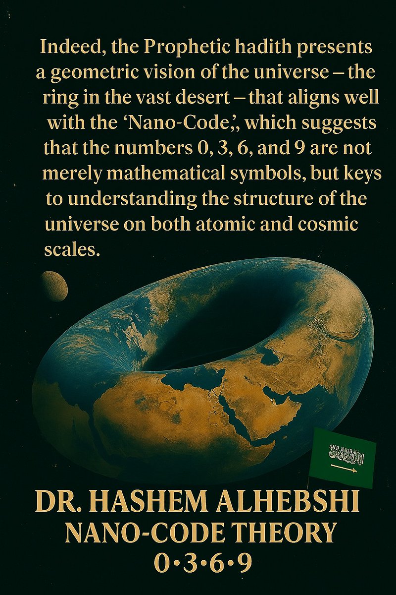 فالحديث النبوي الشريف يقدم تصورًا هندسيًا مذهلًا لشكل الكون "الحلقة في الفلاة" وهذا التصور ينسجم مع "شيفرة النانو" الأرقام 0، 3، 6، 9 ليست رموزًا رياضية فحسب، بل مفاتيح لفهم بنية الكون على المستويات الذرية والكونية.
يتطابق مع المفهوم القرآني (كالفتق و الرتق، والتوسع المستمر).