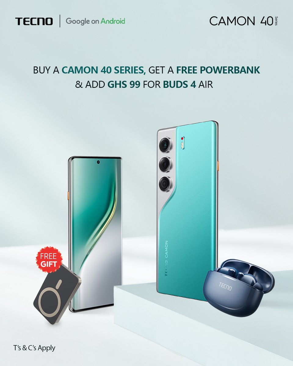 TecnoMobileGH's tweet photo. Buy any CAMON 40 Series phone starting 10th April and get a FREE Powerbank!!
You can also get Buds 4 Air for just GHS 99 as part of the offer.

Available at all TECNO Exclusive Shops, accredited retail shops, and open markets nationwide.

#CAMON40Series
#TECNOGHANA https://t.co/BQVZ45LbAI