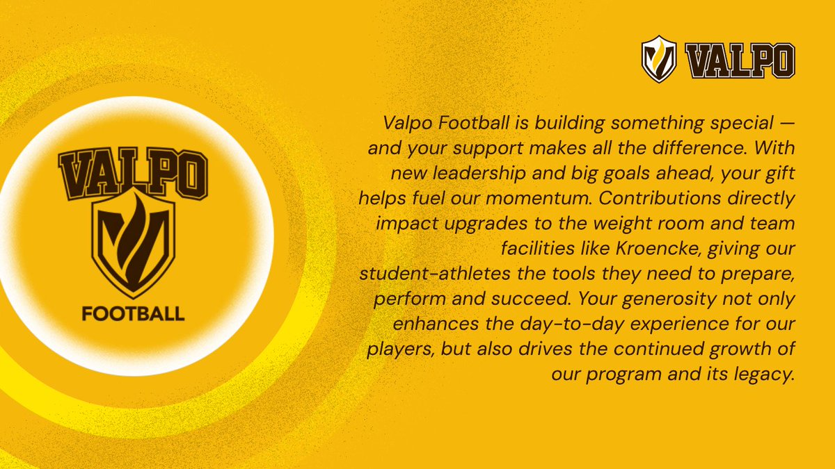 This is our WHY.

Today, as Valparaiso University celebrates Valpo Day, we invite you to support the Valpo Football Program and help us continue building a legacy of excellence—on the field, in the classroom. 

From 12 pm - 1pm CST we NEED your support‼️

Make your impact today: