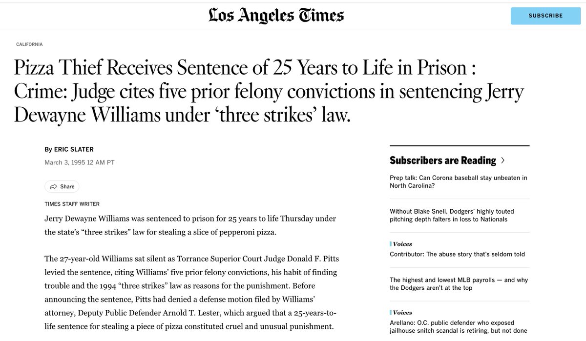 The absurdity of "three strikes" laws like Mr. Poilievre proposes....

Stealing a piece of pizza during a "truth or dare" game was the third-strike for this California man

Another for stealing a $5.62 package of meat

latimes.com/archives/la-xp…