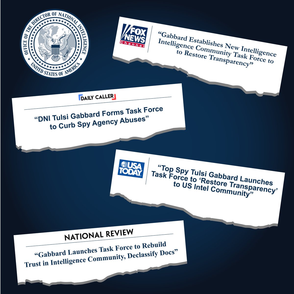 Office of the DNI (@odnigov) on Twitter photo đź“° IN THE HEADLINES: <a href="/DNIGabbard/">DNI Tulsi Gabbard</a> recently announced DIG, a new task force aimed at restoring transparency and accountability in the IC.
Read more about the DIG 👉 dni.gov/index.php/news… 📰 IN THE HEADLINES: <a href="/DNIGabbard/">DNI Tulsi Gabbard</a> recently announced DIG, a new task force aimed at restoring transparency and accountability in the IC.
Read more about the DIG 👉 dni.gov/index.php/news…
