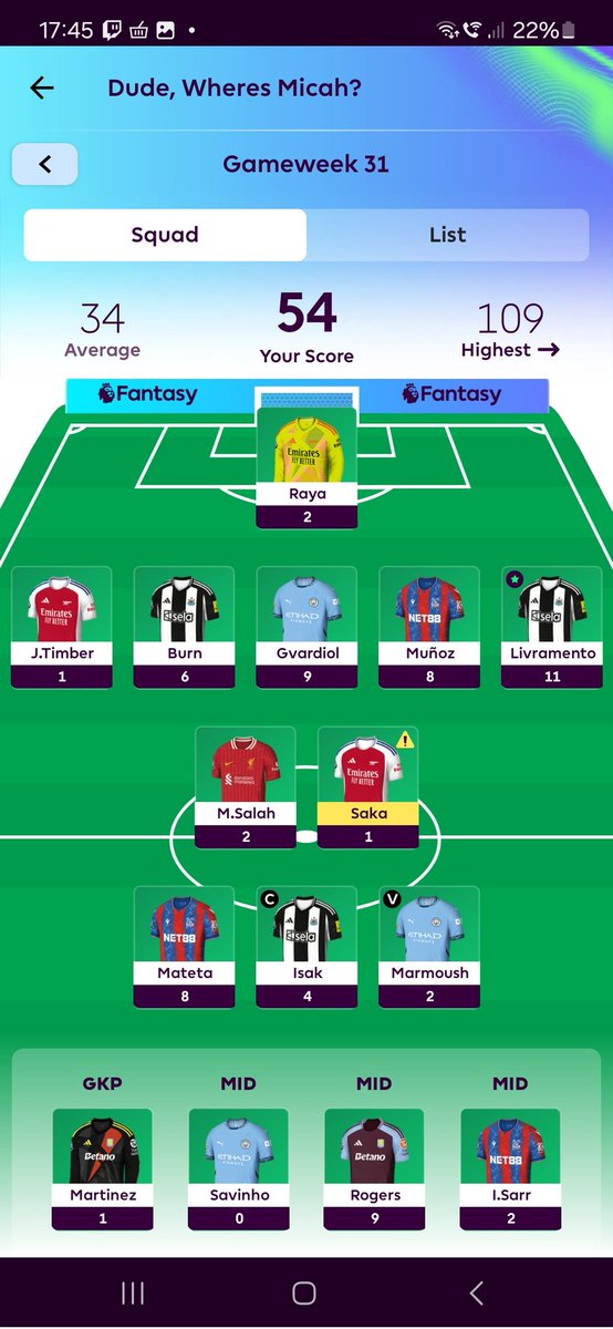 youngy_75's tweet photo. @FPLMate Benching Arsenal outfield and Savinho

Rolling FT
Isak x3 captain 

Used assist manager 
BB next week https://t.co/vqNccOLKBf