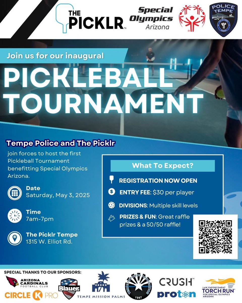 Calling all pickelballers— 🤗
Charity #pickelball tournament for <a href="/SOArizona/">Special Olympics Arizona #WeAreSOAZ</a>
✅ beginners
✅ intermediate 
✅ advanced
<a href="/thepicklr/">The Picklr</a> 
<a href="/TempePolice/">Tempe Police Department</a> 
<a href="/ToaAz/">Tempe Officers Association</a> <a href="/The_Picklr/">The Picklr</a>