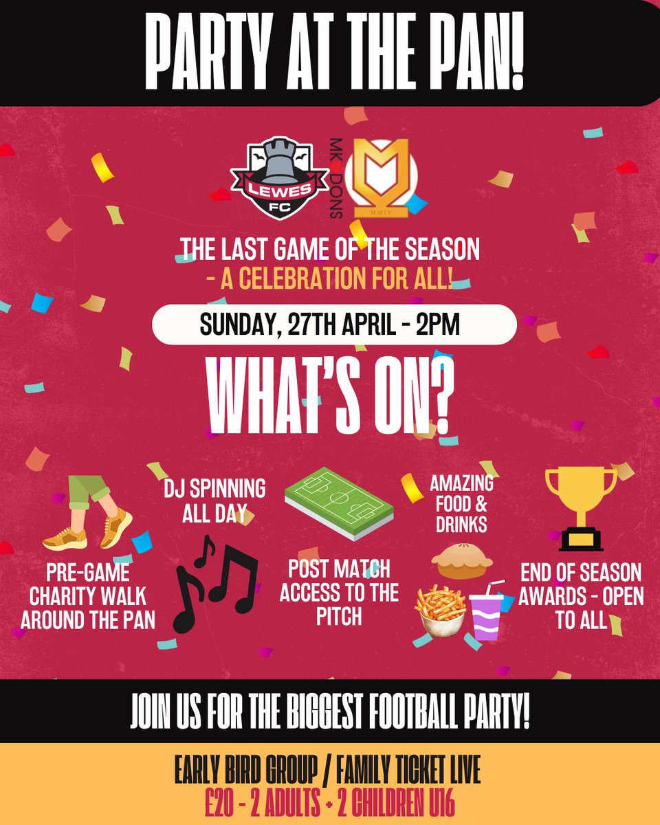 LewesFCWomen's tweet photo. 🚨 FINAL GAME. BIG PARTY. YOU IN?
Lewes FC 🆚 MK Dons
📍The Dripping Pan | 🗓 Sun 27 April
🎶 DJ all day
🥧 Food & drink
🏆 End-of-season awards
⚽ Post-match pitch access
🎟 https://t.co/0CwjMPf240
Let’s end the season in style ❤️🖤
#PartyAtThePan #LewesFC https://t.co/c2Y9vmDhXj