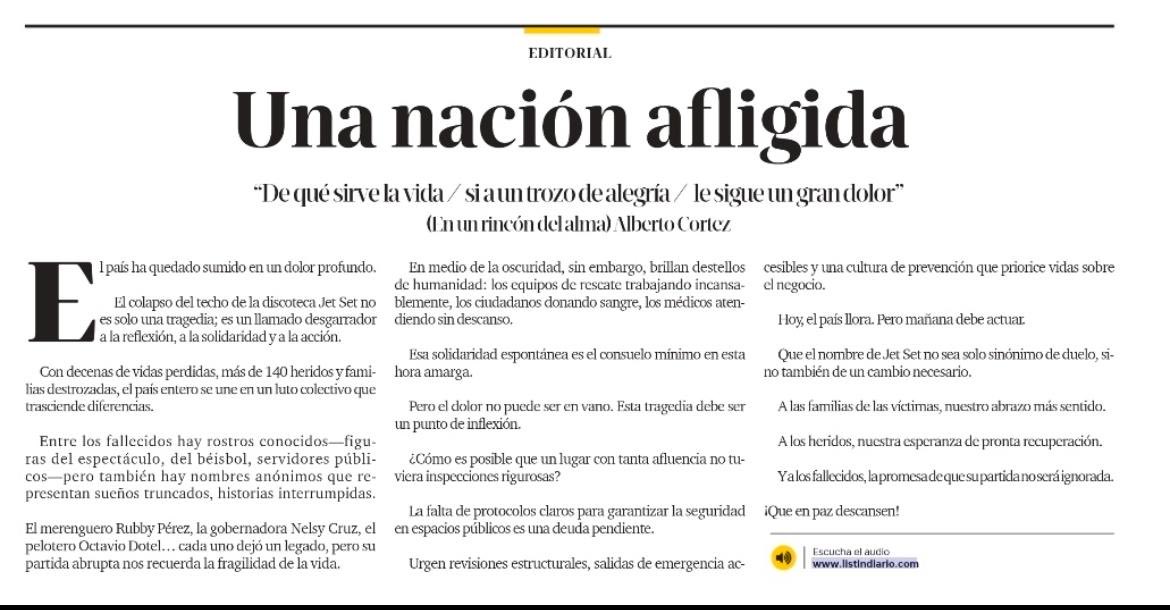 Gran editorial, en momentos de duelo nacional, del ⁦<a href="/ListinDiario/">LISTÍN DIARIO</a>⁩ .