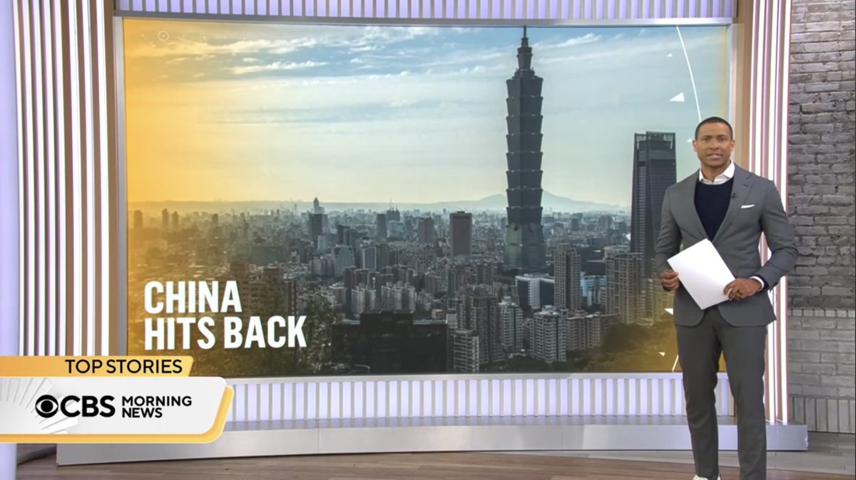 Introducing its segment on China tariffs with the skyline of Taipei in Taiwan.  🇹🇼 🤦‍♂️ <a href="/CBSNews/">CBS News</a>