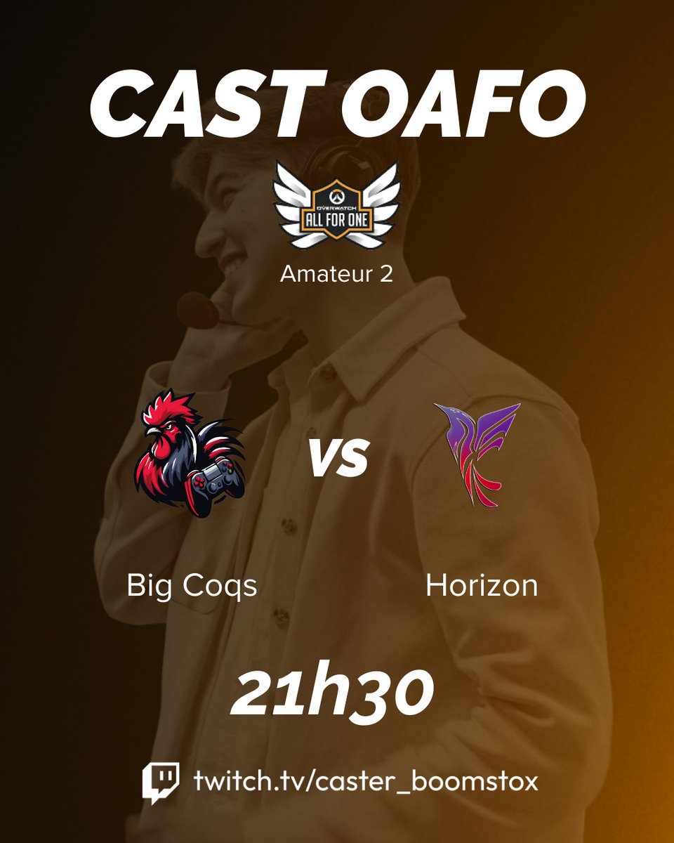CE SOIR !
Bataille au poulailler de la division Amateur 2 de l'<a href="/PlayAllForOneFR/">Overwatch AllForOne France</a> !!!

🔴 <a href="/BIGCOQS/">BIG COQS</a> - <a href="/Horizon_0w/">Horizon</a> 🟣

C'est sur ma chaine à 21h30 et en compagnie d'<a href="/SeguMakizaR/">SeguMakizaR</a> !
🎥twitch.tv/caster_boomstox