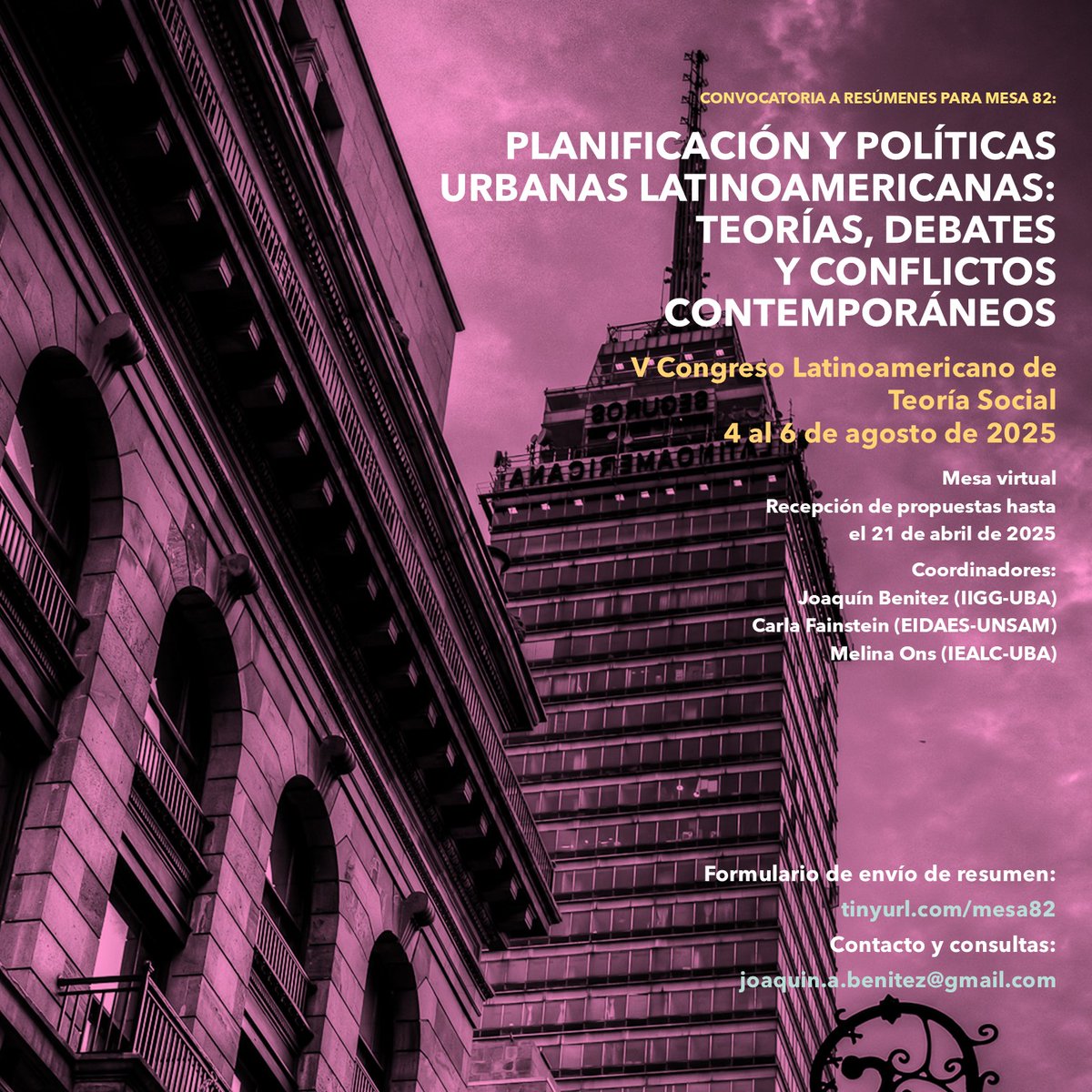 Convocatoria a ponencias para la Mesa "Planificación y políticas urbanas latinoamericanas: teorías, debates y conflictos contemporáneos" del V Congreso Latinoamericano de Teoría Social. La mesa será virtual y recibimos propuestas hasta el 21 de abril. Links en este hilo 👇