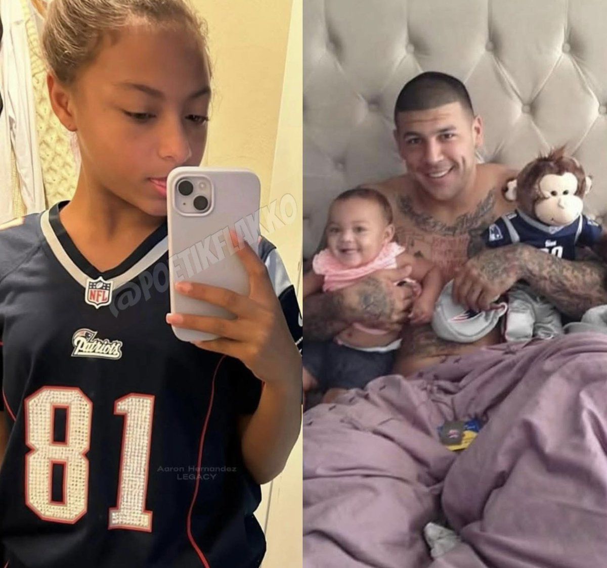 Poetikflakko's tweet photo. LATE NFL STAR AARON HERNANDEZ’S DAUGHTER WEARING HIS NO. 81 PATRIOTS JERSEY.💔🙏🏾 https://t.co/lnKFMr723n