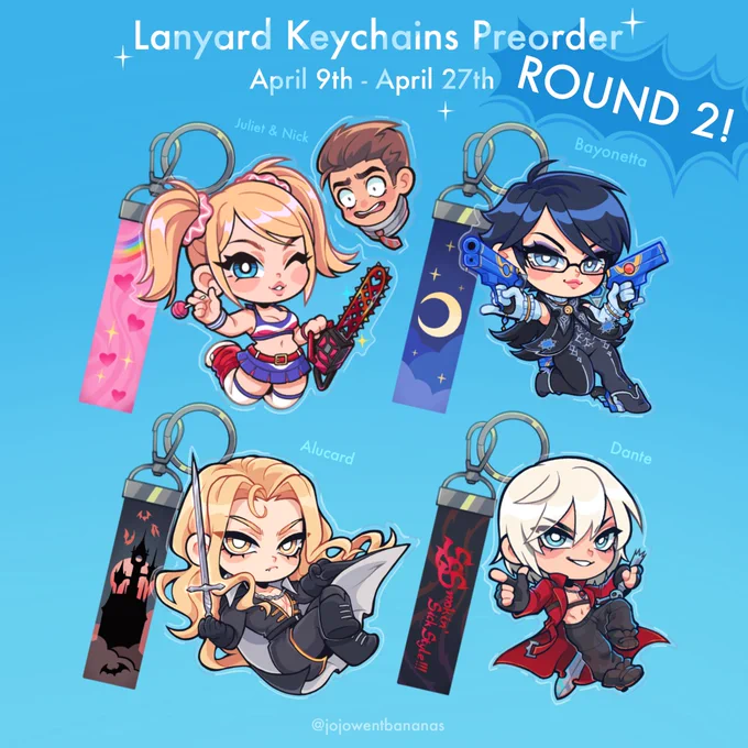 NEW PRE0RDERS ARE OPEN! - The Lanyard Keychains are back for another round! Featuring Dante, Juliet, Alucard and Bayonetta - NEW Castlevania Keychains are also available! Trevor, Sypha, Richter and more! And a few more items and the  are in the replies! 