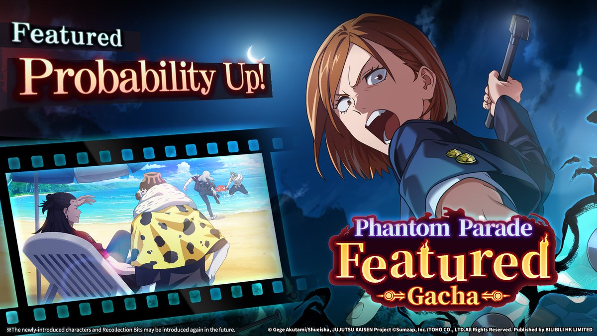 JJKPP_GL's tweet photo. ◤#JujutsuKaisenPhantomParade◢
The brand-new SSR character "Take You Two Down With Me" #NobaraKugisaki is set to make an appearance!
Featured Gacha event preview!

◇ SSR Character
"Take You Two Down With Me" #NobaraKugisaki

◆ SSR Recollection Bits
[Beach of Cursed Spirits]

The above character(s) and Recollection Bits will enjoy Probability Up in the featured gacha event.

Event Duration: 
After the maintenance on April 11, 2025 to April 24, 2025, 2:59 PM (UTC+9)

*For details about the event, please check the in-game notices. Some features may involve payments, please be aware. 

▼JJKPP is blazing through downloads!▼ 
https://t.co/MnJUnuJ1fZ

#JujutsuKaisenPhantomParade
#jjkphantomparade
#JujutsuKaisen