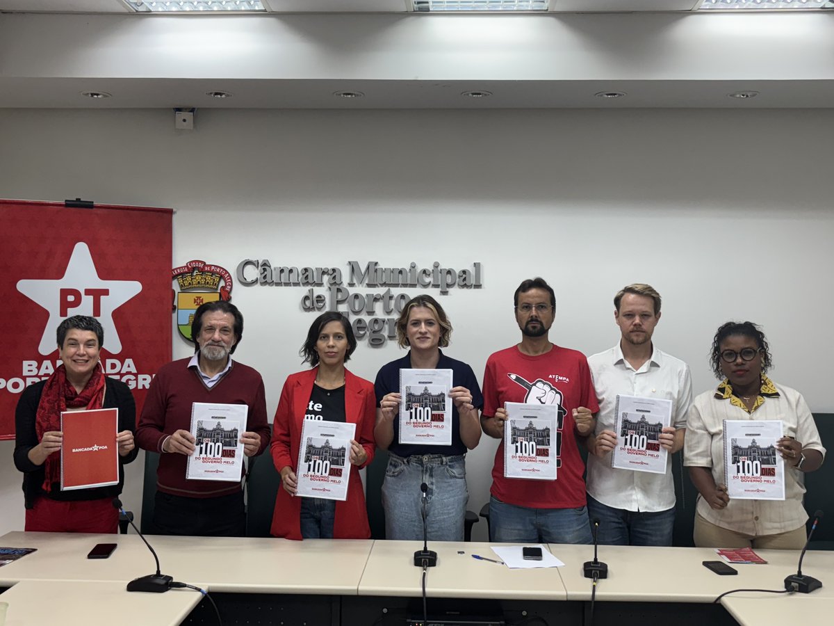 Coletiva de imprensa sobre os 100 dias do DESgoverno Melo. Com a presença dos vereadores
<a href="/eunatashapoa/">Natasha Ferreira</a>, <a href="/bublitz_a/">Alexandre Bublitz</a>, @souzajulianas, <a href="/VereadorOliboni/">Oliboni</a>, <a href="/jonasreispt/">Jonas Reis</a>, da Presidenta do PT de Porto Alegre <a href="/laurasito/">Laura Sito</a> e a deputada <a href="/mariadorosario/">Maria do Rosário</a>.