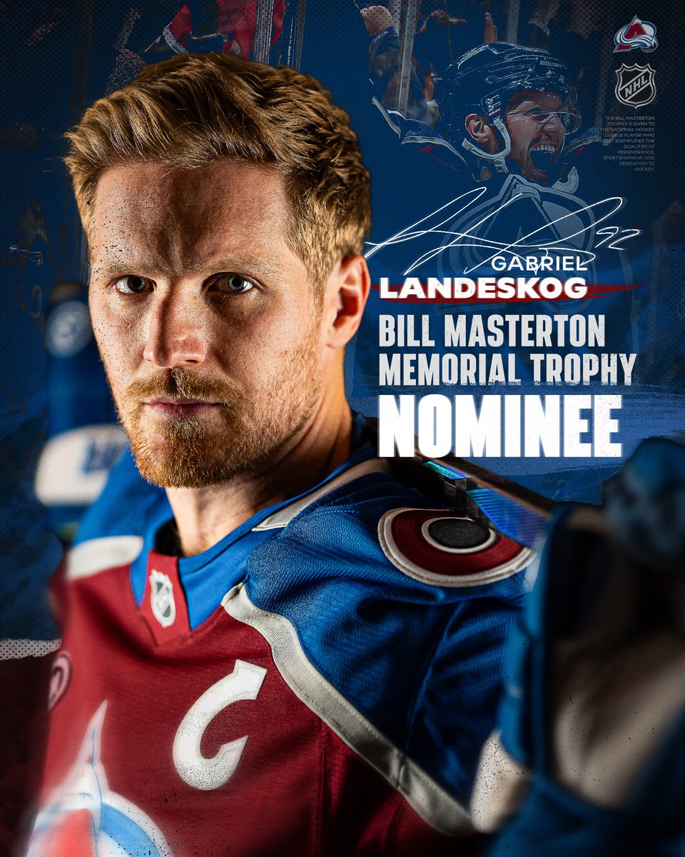 Avalanche's tweet photo. O Captain! My Captain!

Gabriel Landeskog has been nominated for the 2025 Bill Masterton Trophy. This award is given annually to the player who best exemplifies the qualities of perseverance, sportsmanship and dedication to hockey. https://t.co/gGapGGBxqj