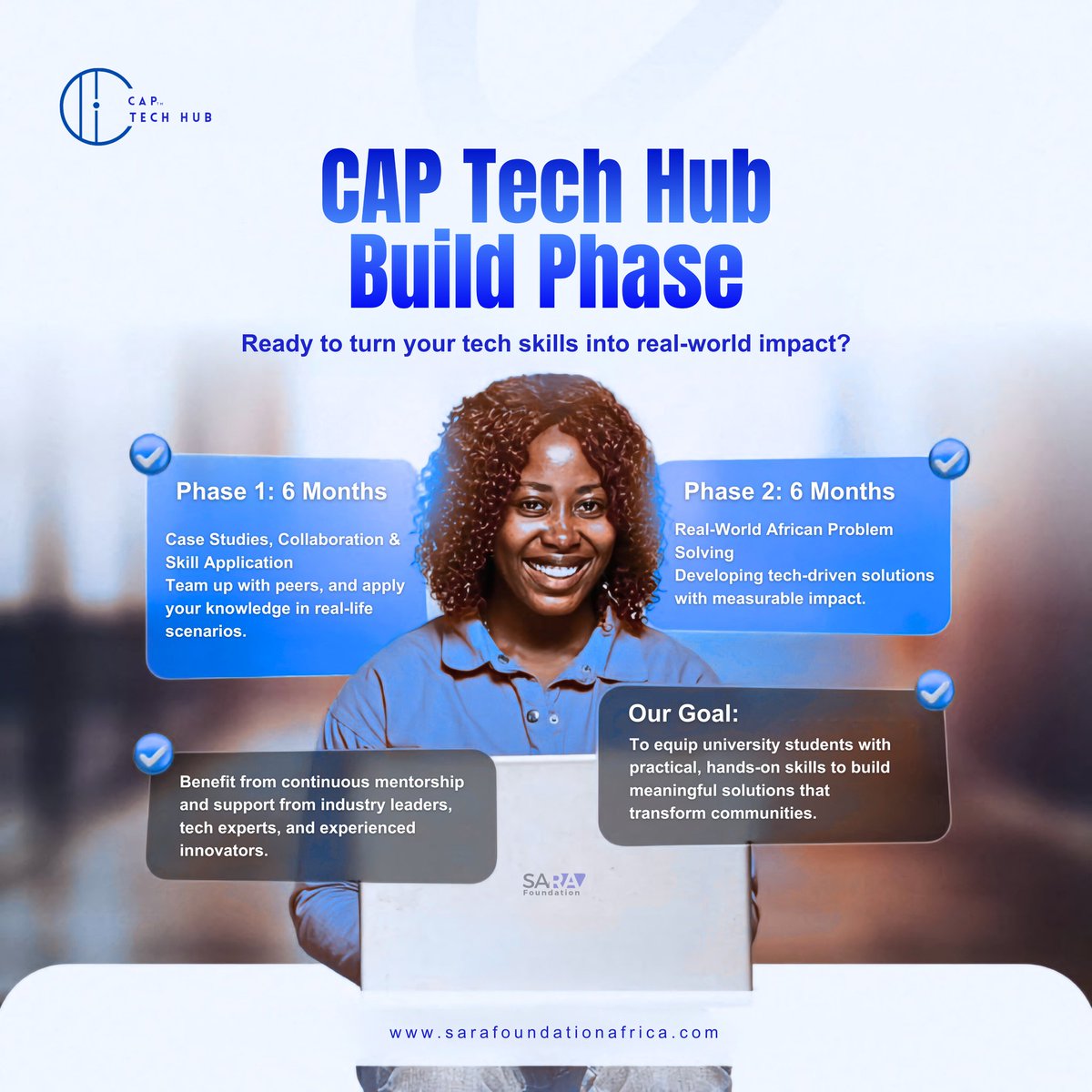 Sarafoundations's tweet image. CAP Tech Hub Build Phase is live!
Team up with fellow students, solve real African problems, and build tech solutions that make a difference.

Hands-on. Mentored by the best.
Got questions? Email us: info@sarafoundationafrica.com
#CAPTechHub #TechForGood #Innovation