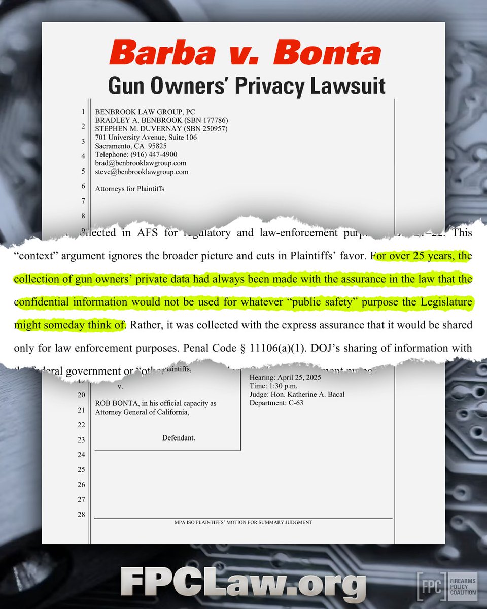 ICYMI:

California has shared the names, addresses, purchase records, and even fingerprints of gun owners with third parties in the name of “public safety.”

This is not some minor inconvenience. It’s a serious invasion of privacy and something we won’t tolerate.