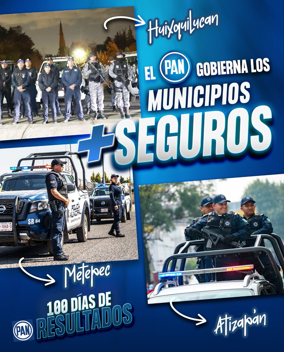 pan_edomex's tweet photo. Los gobiernos municipales del PAN combaten a la delincuencia con estrategia, invirtiendo en su policía, en equipo y enfrentando la corrupción. 100 Días de Resultados para que tu familia viva segura y sin miedo. 👮🏻‍♀️🚓

#NuestraCausaEsTuFamilia #100DíasDeResultados https://t.co/KHMFaB3XPY