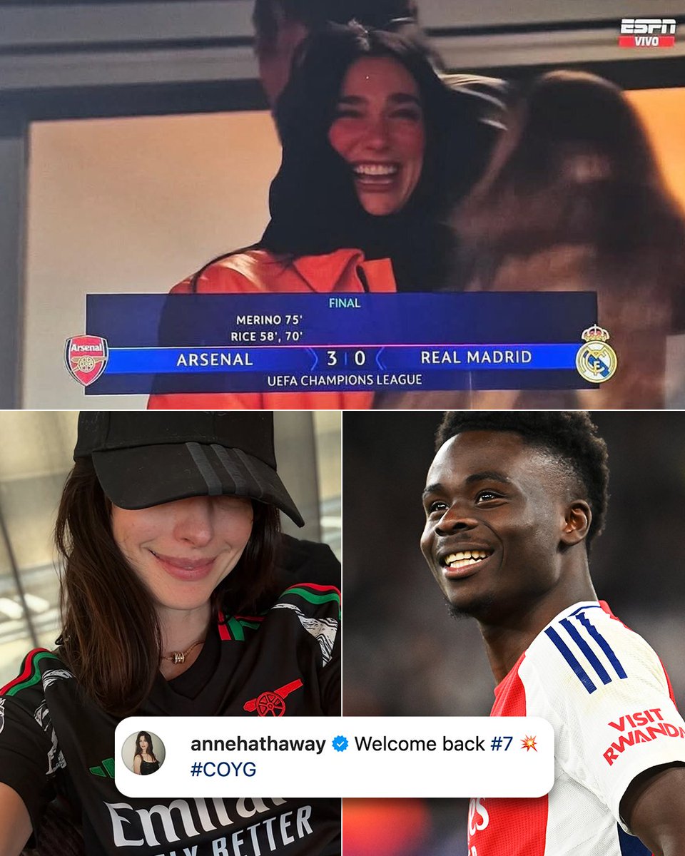 ESPNFC's tweet photo. Anne Hathaway and Dua Lipa showing their support for Arsenal over the last week 🤩 https://t.co/NCC5i0EjKY