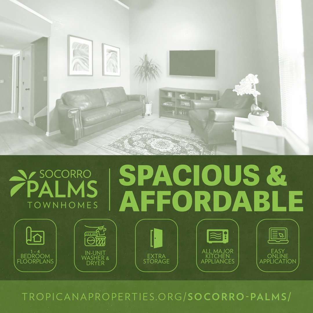 TropProperties's tweet photo. Affordable living in Socorro, TX! Socorro Palms offers spacious and affordable apartments with great amenities and a welcoming community. Call for availability! 

📞915-503-0898
📍11251 Socorro Rd., Socorro, TX 79927

#TropicanaProperties #SocorroTX https://t.co/7G8nEszIvC