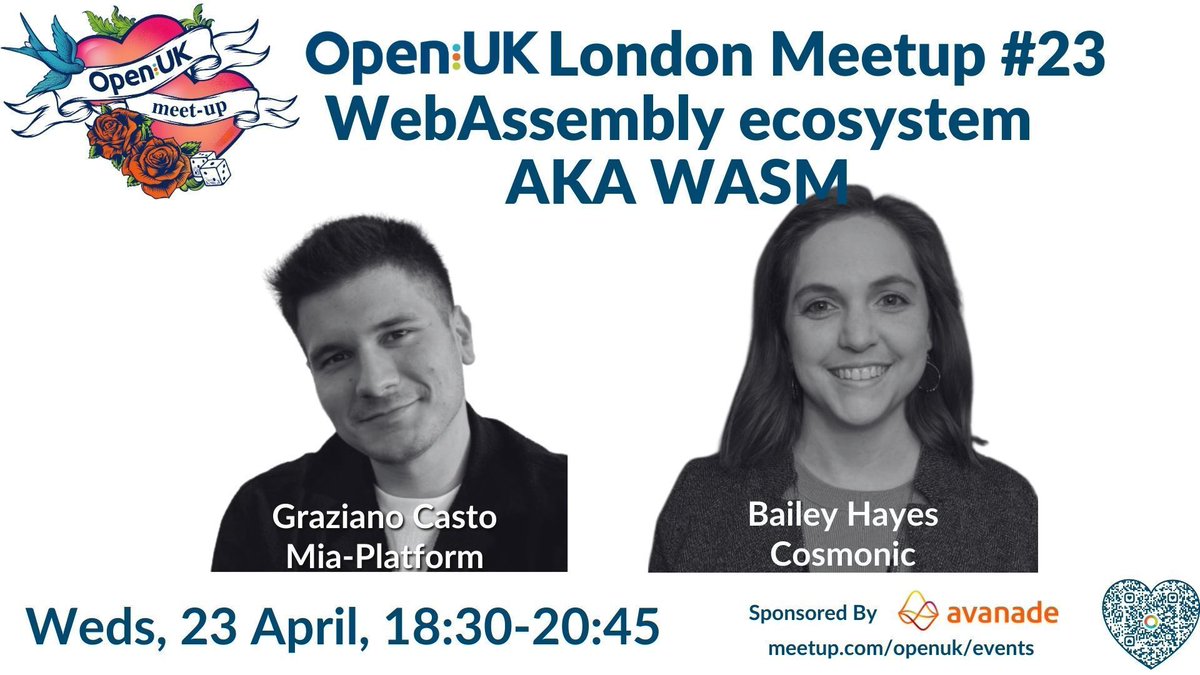 openuk_uk's tweet image. Next OpenUK London meet-up sponsored by Avanade: 23 April explores &quot;&quot;WebAssembly ecosystem AKA WASM&quot;&quot;!
With Bailey Hayes and Graziano Casto, Hosted by Jennifer Riggins and Fergus Kidd
Find out more on joining here: openuk.uk/event-calendar… 
#opensource #opensourcesoftware #openuk…