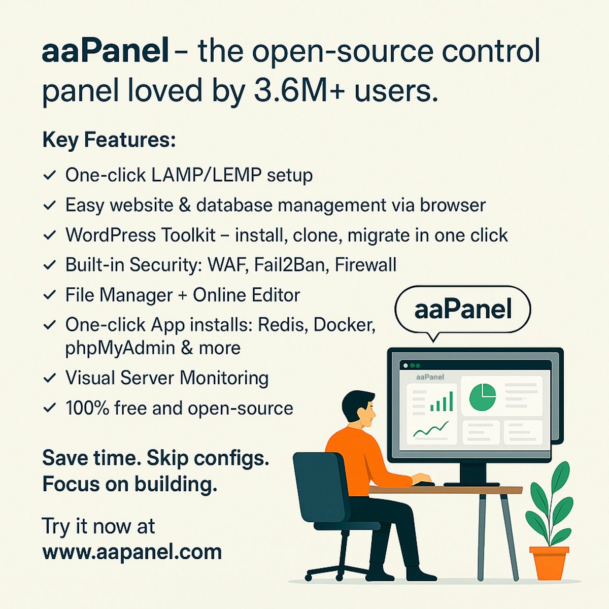 GithubProjects's tweet image. Need a free cPanel alternative? Check out aaPanel – an open-source hosting control panel, that simplifies server management.

Try it free at aaPanel.com and give it a ⭐ on GitHub if you love it!