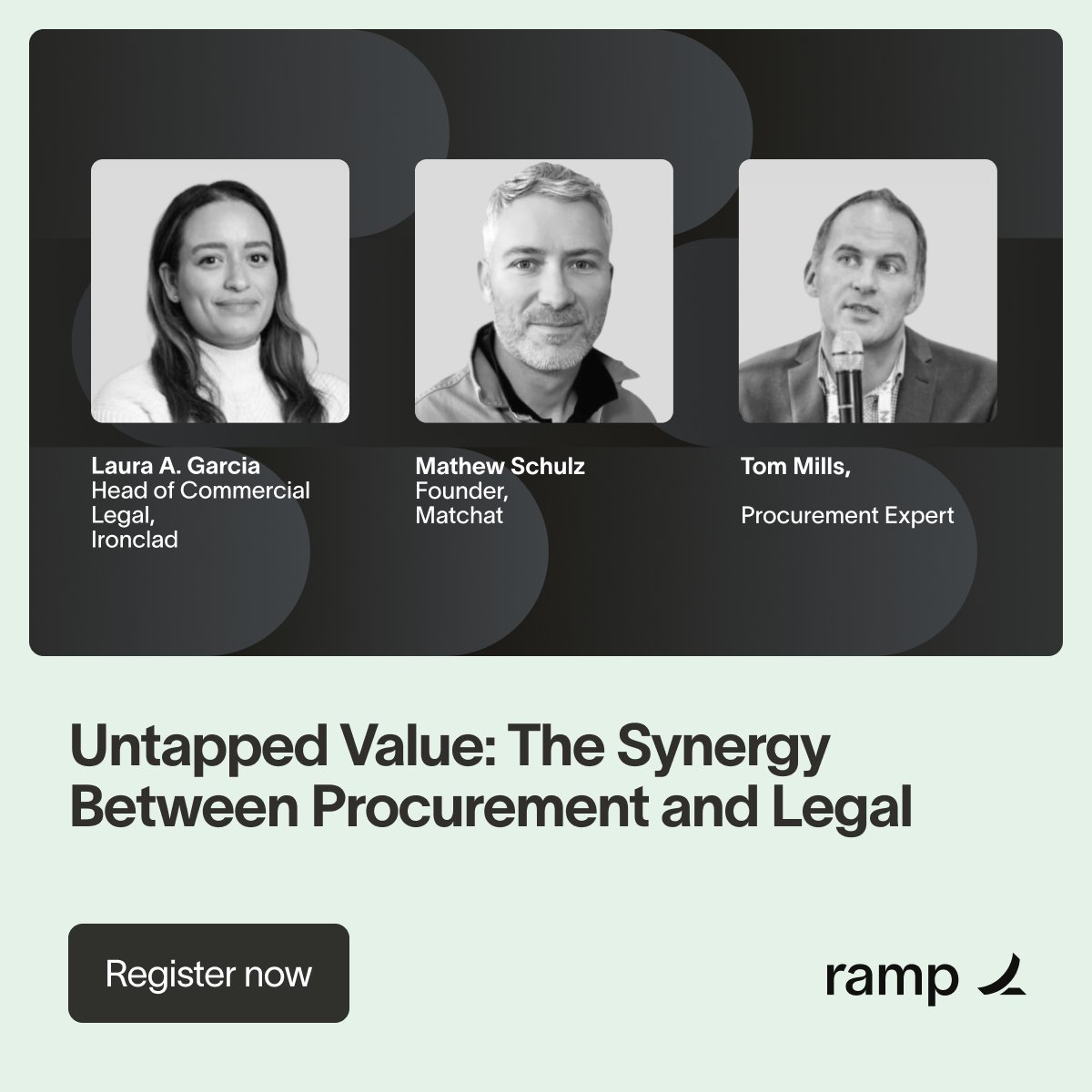 Procurement + Legal = Powerhouse ⚡️
on April 16, top procurement experts Mathew Schulz and Tom Mills will be chatting with our Head of Commercial Legal, Laura Garcia about ways procurement and legal teams can build a powerhouse partnership. 
events.ramp.com/procurement-le…