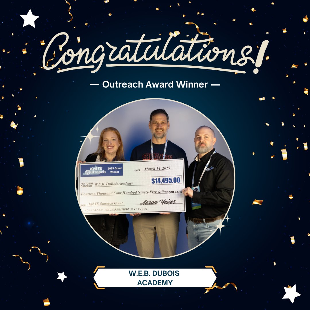 🎉 Huge congrats to <a href="/JCPSKY/">JCPS</a> - W.E.B. DuBois Academy on receiving a $14,495 KySTE Outreach Grant! 💰✨ Their project "Illuminating Our Legacy" will empower students through engaging STEM experiences. Thank you to our sponsors for supporting education in KY! 🚀👏 #KySTE #KAST
