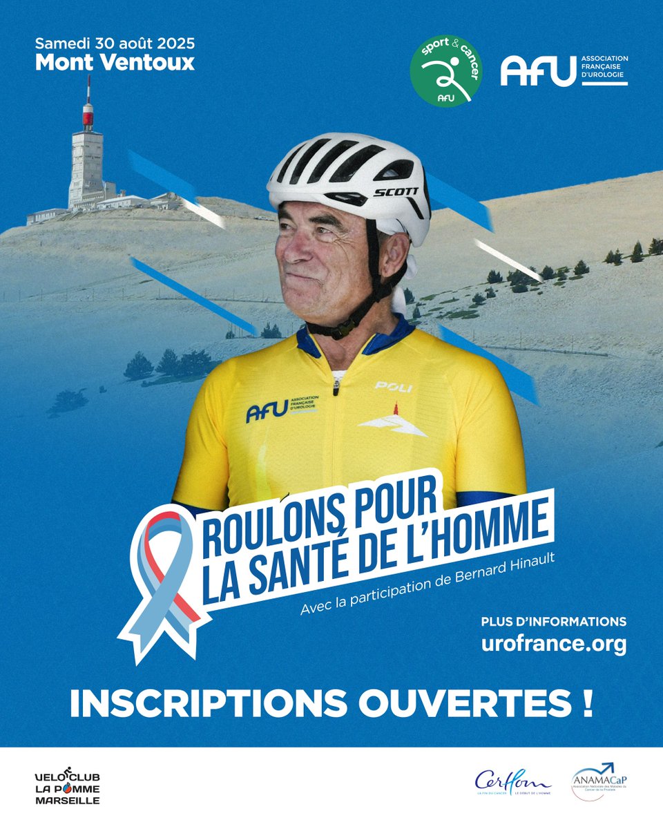 🆕 Billetterie ouverte pour la 4e édition du mont Ventoux par l'AFU ! 

RDV le 30/08, au pied du géant de Provence, pour une ascension au nom de la santé masculine. 🚴‍♀️ 

Participez en vélo musculaire ou électrique ➡️ bit.ly/4bwrc2R

<a href="/assoanamacap/">ANAMACaP</a> <a href="/CerhomAsso/">Cerhom</a>