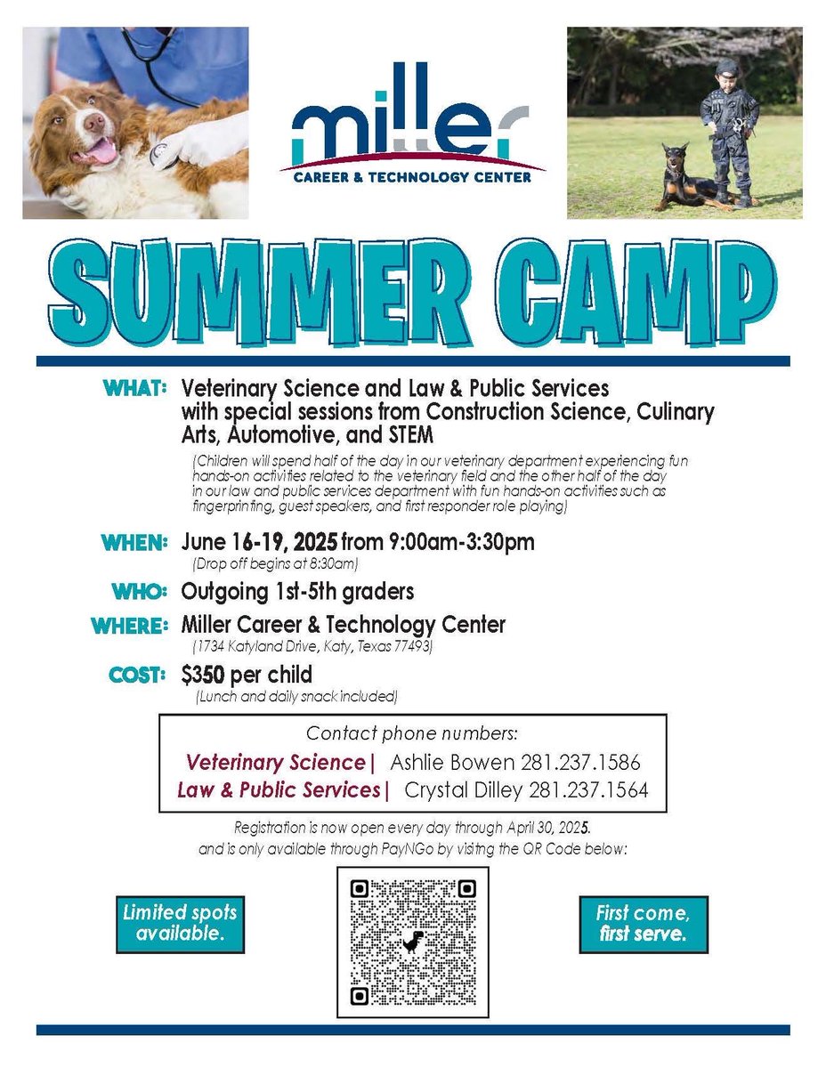 Miller Career &amp; Technology Center's annual 4-day Summer Camp is open for registration! Camp runs June 16–19, 2025 from 9:00 a.m.–3:30 p.m. at the Miller Career &amp; Technology Center. Drop-off begins at 8:30 a.m. #MillerSummerCamp #KatyISD