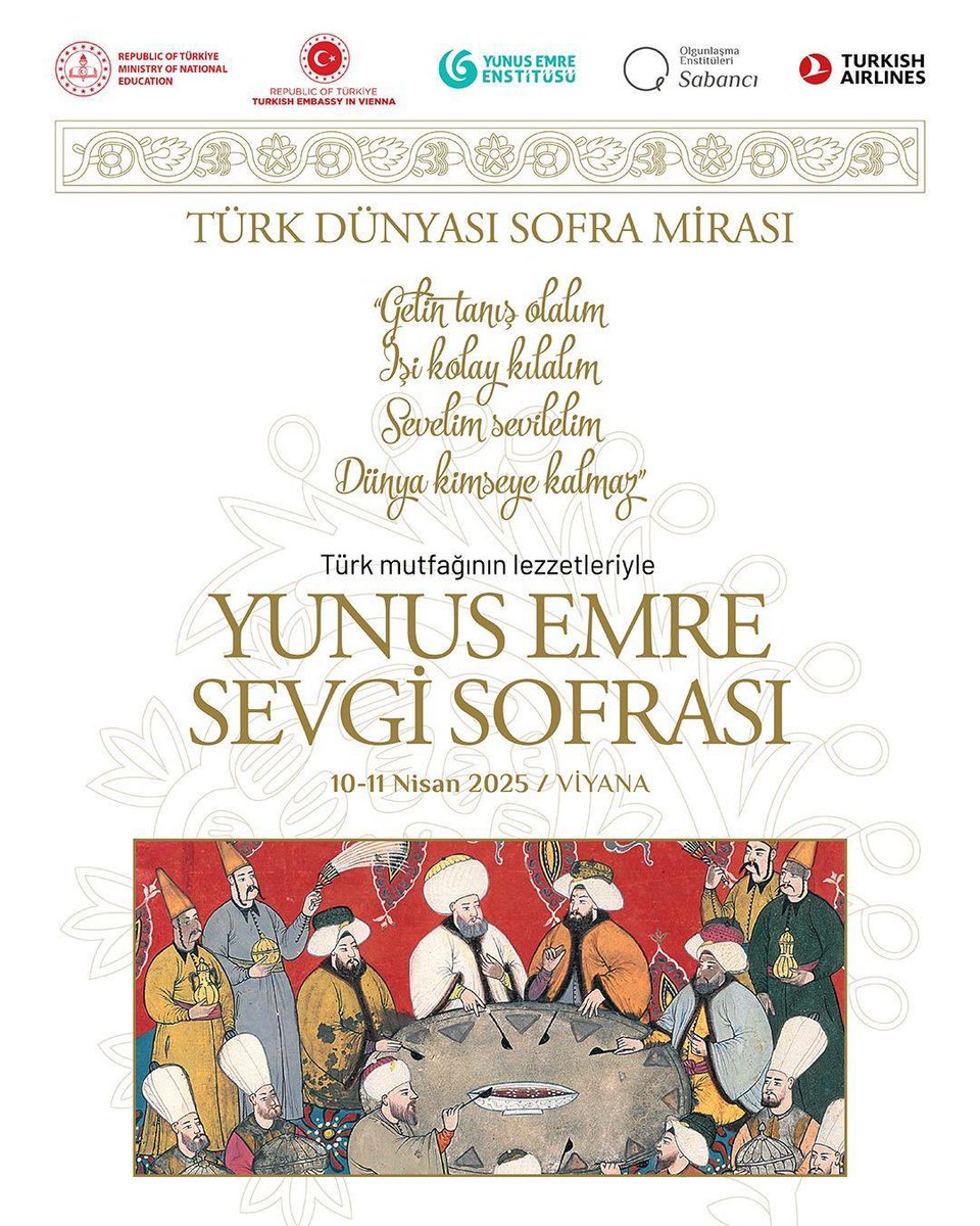 Yunus Emre Enstitüsü tüm dünya ile kültür köprüleri kurmaya devam ediyor! 

Gastronomi alanındaki yeni projemiz “Türk Dünyası Sofra Mirası ve Yunus Emre Sevgi Sofrası” ile Türk mutfak kültürünü 10 farklı ülkede tanıtıyoruz!

İlk durak: Viyana | 10-11 Nisan 2025

Bu özel
