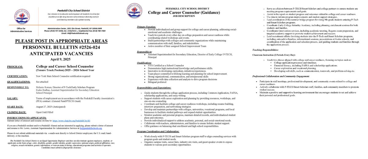 HRPeekskill's tweet photo. The Peekskill City School District is looking for an energetic, self-directed, and caring College and Career School Counselor whose skillset, passion, and commitment to service align with and to the Peekskill Promise. Interested educators should apply. https://t.co/HeCHAJDnPK