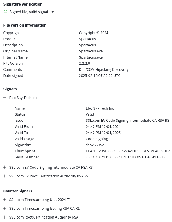malwrhunterteam's tweet image. "Ebo Sky Tech Inc" (SSL Corp given cert) signed "CamScanner 03-04-2025 485 486.exe" sample, seen from Myanmar: b4e3200beb7da880299270c487bcb75e72705cb1c10a65a251f8ccd4579326fe
couldmailauth[.]com
