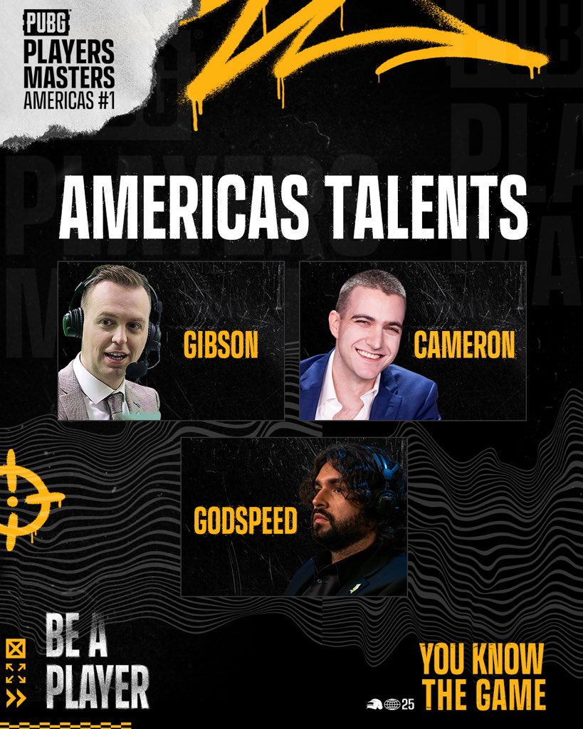 PUBG Esports (@pubgesports) on Twitter photo Meet your PUBG Players Masters Americas #1 Talent Lineup!
- <a href="/GibsonCasts/">GibsonCasts</a>
- <a href="/cammmyd/">Cameron Davis</a>
- <a href="/godspeedfps/">Dustin Kane</a>
This elite squad will be your eyes and voice through every rotation, frag, and chicken dinner. Get ready for expert analysis, top-tier commentary, and non-stop PUBG action!
#PUBG Meet your PUBG Players Masters Americas #1 Talent Lineup!
- <a href="/GibsonCasts/">GibsonCasts</a>
- <a href="/cammmyd/">Cameron Davis</a>
- <a href="/godspeedfps/">Dustin Kane</a>
This elite squad will be your eyes and voice through every rotation, frag, and chicken dinner. Get ready for expert analysis, top-tier commentary, and non-stop PUBG action!
#PUBG