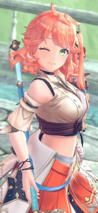 レスレリでアイラ撮影その3!ウインクかわいい。ウインク似合いすぎてて大体してる。あと槍の構えによる腰反りとへそ出し衣装の相性が叡智すぎる #レスレリカメラ #アトリエフォト #レスレリ #ユミアのアトリエ 