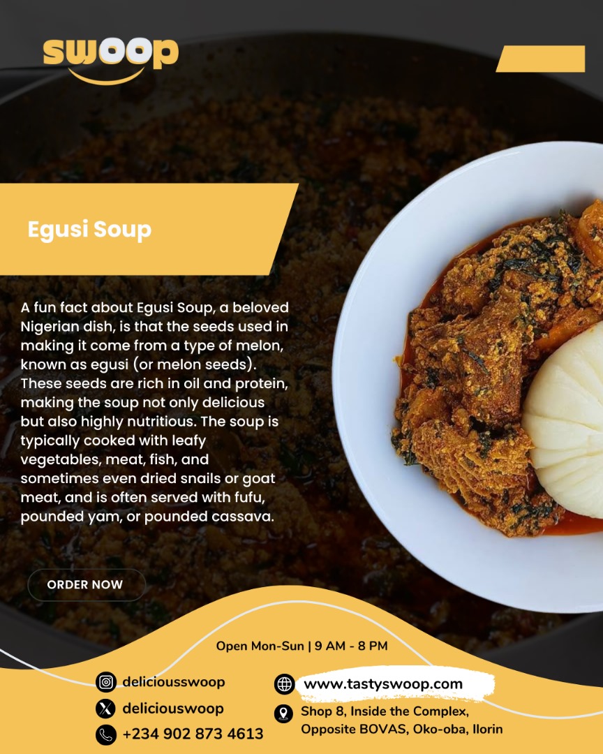 A few fun facts about Egusi soup…
Just one (or more) reasons why you should order yours from us — this soup is an experience!🛒📲
Order now on our website or send us a DM on WhatsApp.
We’ll be happy to serve you!🤗
