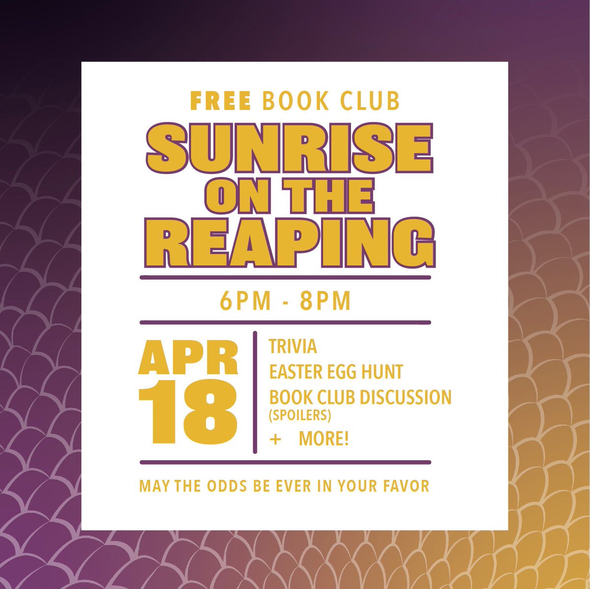BN_Orem's tweet image. We’re excited to announce that we will be having a free book club event of Sunrise on The Reaping!! Organized by our bookseller Zoe:) Join us on the 18th for fun activities, trivia, and discussion. See you soon!!
#bnorem #bn236 #barnesandnoble #oremevents #sunriseonthereaping