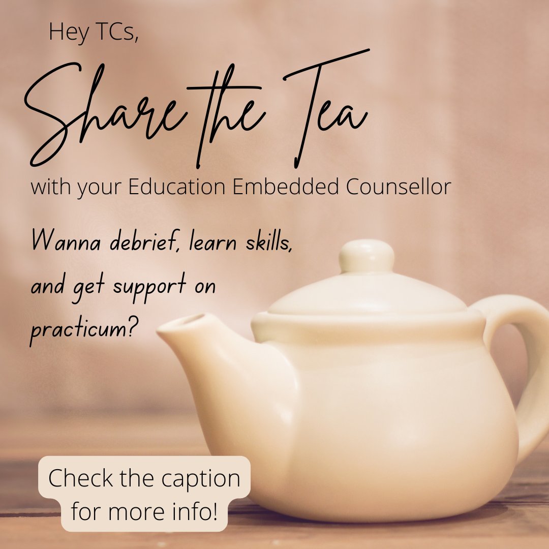 The Education Embedded Counsellor is offering a 30-minute virtual session where you can debrief your practicum experience and learn some helpful coping skills. Bring the tea 🗣️ 💬 and some real tea ☕ too 😉

Thursday, April 17 | 3:30 - 4:00 pm
Register at ubc.ca1.qualtrics.com/jfe/form/SV_eD…