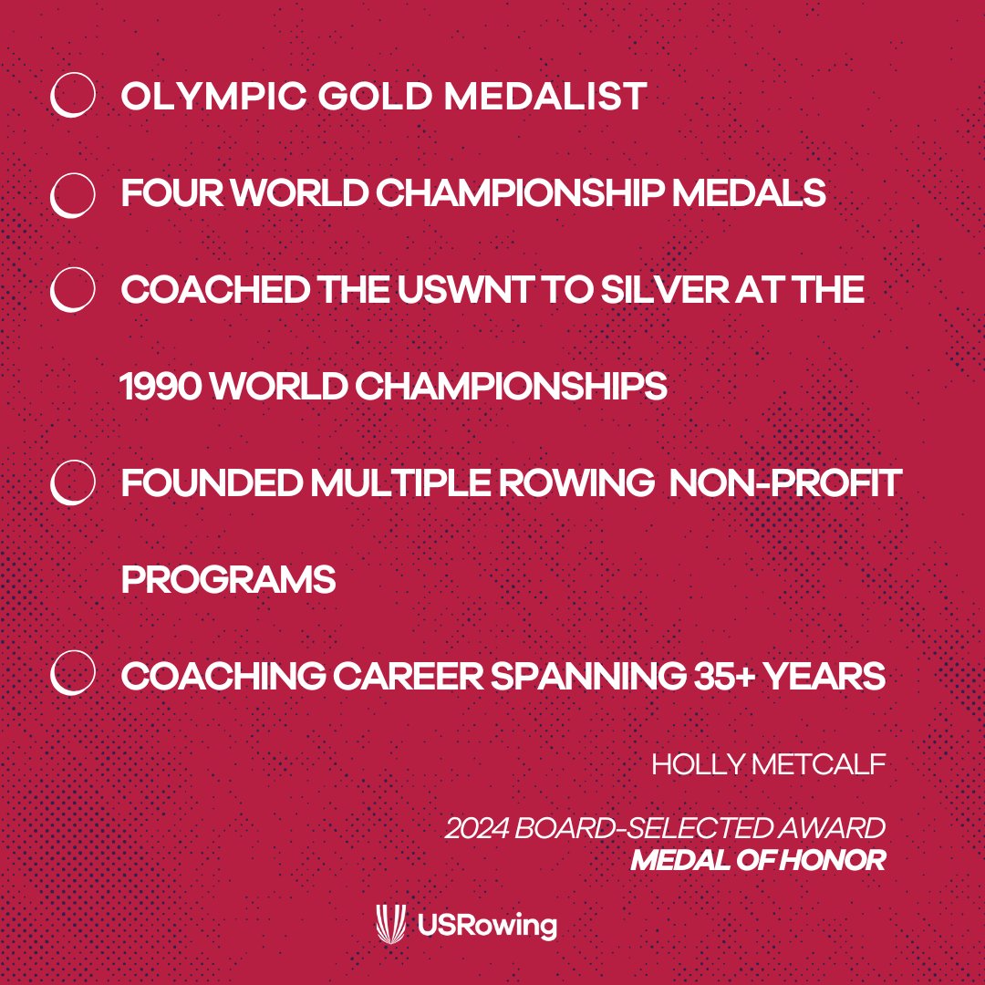 The 2024 USRowing Medal of Honor goes to Holly Metcalf 🏅
The highest honor USRowing can bestow, the Medal of Honor, is awarded to members of the U.S. rowing community who have rendered conspicuous service to or accomplished extraordinary feats in rowing. 
bit.ly/3EgQUMy