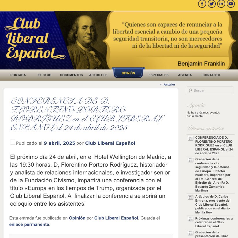 Club Liberal Español (@clubliberalesp) on Twitter photo El 24 de abril, a las 19:30 horas, en el Hotel Wellington, conferencia de Florentino Portero, organizada por el <a href="/ClubLiberalEsp/">Club Liberal Español</a> El 24 de abril, a las 19:30 horas, en el Hotel Wellington, conferencia de Florentino Portero, organizada por el <a href="/ClubLiberalEsp/">Club Liberal Español</a>