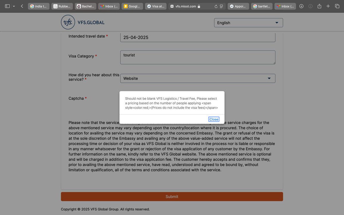 IAMMATHARTIST1's tweet photo. @vfsglobalcare Thank you, I saw it but I filled all the informations. It's just impossible to select something on " VFS LOGISTICS/ TRAVEL FEE " so after the submission I got this message. Check screenshot. can you find a way, I've tried on several devices and changed the internet connection. https://t.co/CgnekD9bLX