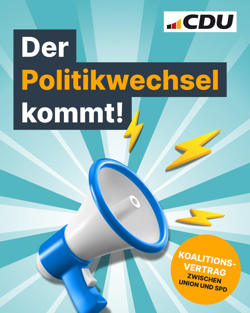 Der #Politikwechsel kommt! Nach der gewonnenen Bundestagswahl haben wir die Koalitionsverhandlungen erfolgreich beendet. Deutschland bekommt den Politikwechsel, den es dringend braucht. Deutschland bekommt eine starke und handlungsfähige Bundesregierung. Gemeinsam nehmen wir uns