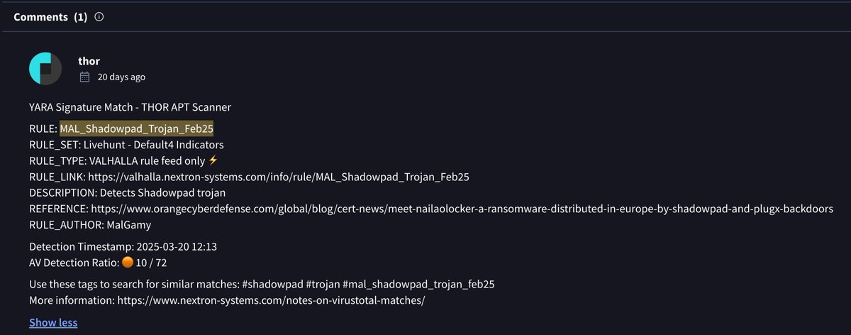 nextronresearch's tweet photo. 📌 ShadowPad Sample Detected
Identified upon initial upload via our detection rules.
Rule details: https://t.co/aGTZLkJb5p
#ShadowPad https://t.co/eGg9mfEYM1