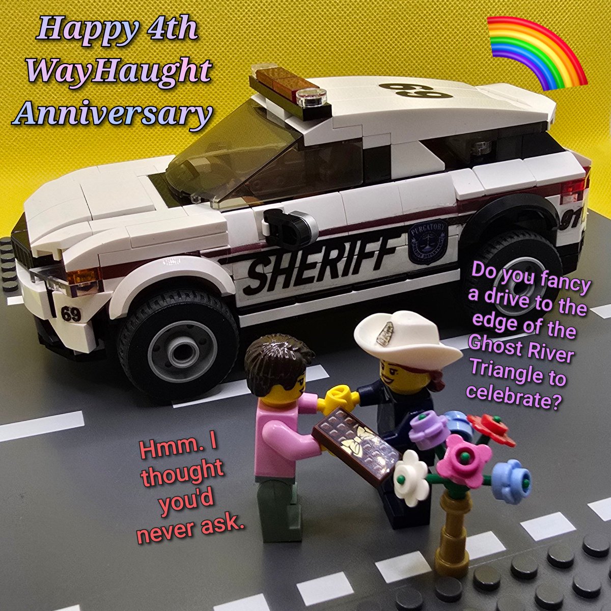 pingubest's tweet photo. Happy 4th #WayHaught Anniversary🌈
My LEGO Earp-hicle fleet is upgraded. PSD police cruiser #6️⃣9️⃣ is on the road🚓 This is the hardest out of the 5 I made😅
Sheriff Haught can take Wifey Waverly to the edge of GRT to celebrate🤭🤭
#Wayhaughtwednesday
#WynonnaEarp #Vengeance @tubi https://t.co/CvKNtjuGhb