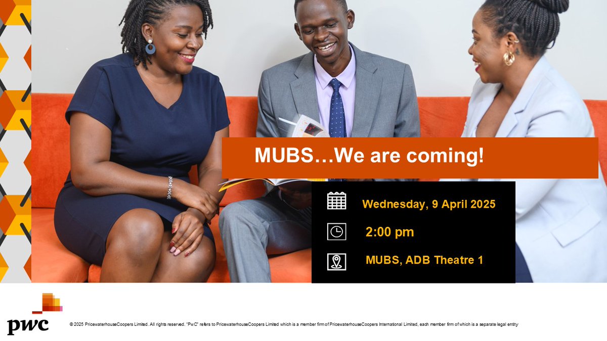 PwC_UG's tweet photo. Are you ready for the future? Join us today at Makerere University Business School (MUBS) for an exciting careers talk and discover what makes PwC unique. Be part of a global #communityofsolvers.
See you at 2pm!
#PwCUG2025Grads #communityofsolvers #Graduate #Recruitment https://t.co/GMjcHtZkvV
